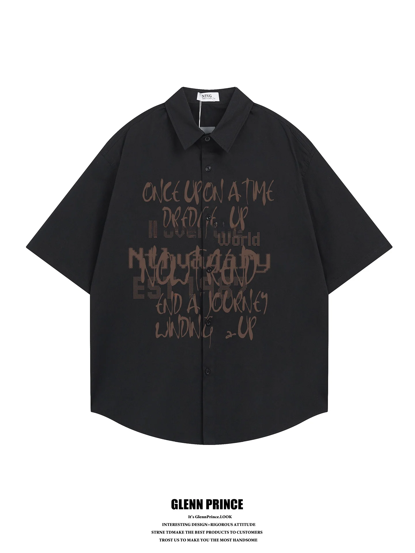 

GPstudio American Hip Hop Graffiti Letter Print Short Sleeve Loose Men's Shirt Breathable Pure Cotton Casual Summer Top