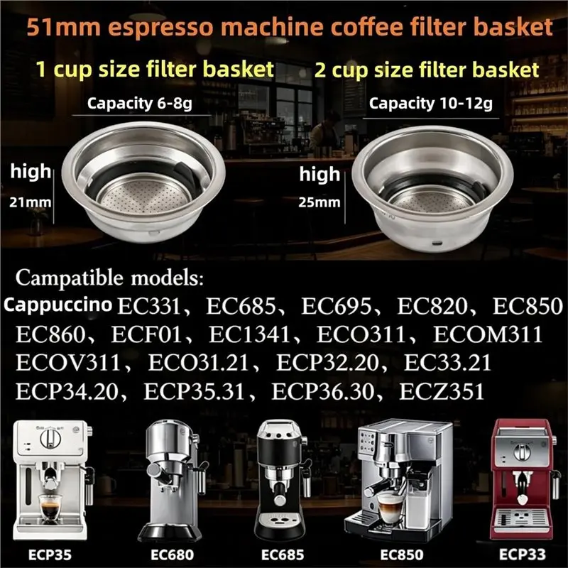 【CYBER MONDAY】For De' Longhi EC680 EC685 EC695 EC820 EC850 EC860 ECO311 ECZ351 51Mm 2 Cup Filter Basket For Espresso Coffee Mach