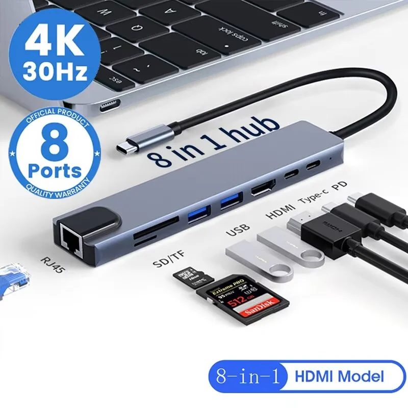 Usb 8 In 1 Type C 3 1 To 4k HdTV Hub Adapter With Sd Tf Rj45 Card Reader Pd Fast Charge For Macbook Notebook Computer