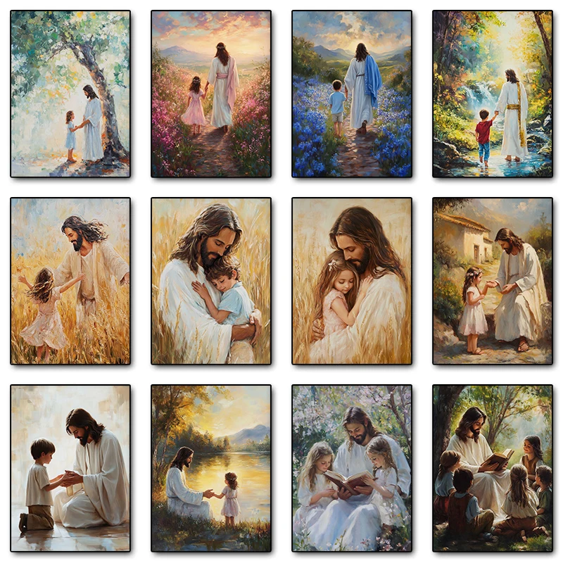 Jesus Meditating Oil Painting Jesu with Girls Poster Print Canvas Printing Retro Wall Art Picture for Christian Home Decor Gift