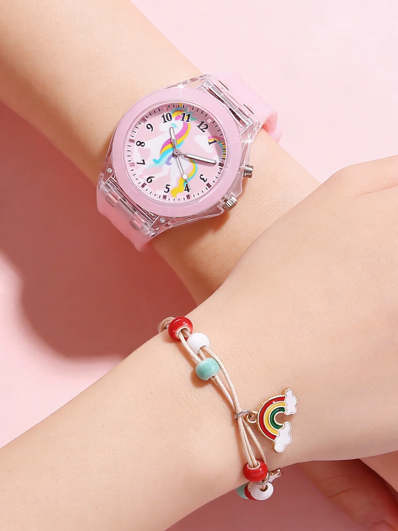 Fashionable Cute LED Illuminated Silicone Quartz Watch And Rainbow Bracelet Set Birthday Gift Suitable for Daily Wear No Box Inc