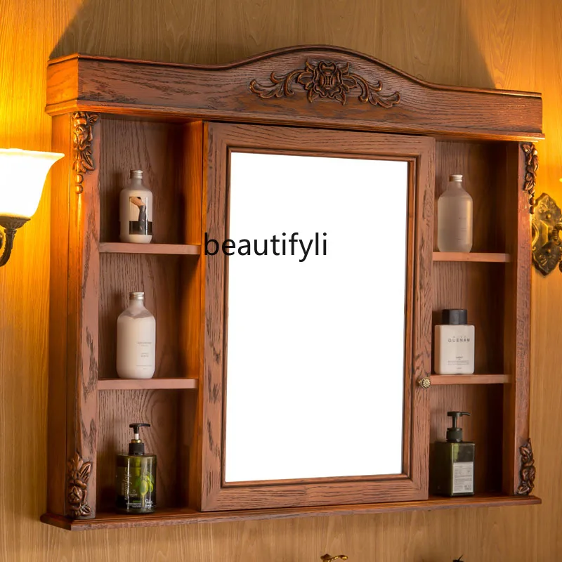 

European-Style Bathroom Cabinet Mirror Cabinet Red Oak Solid Wood Bathroom Wall-Mounted Smart Combination Intelligence