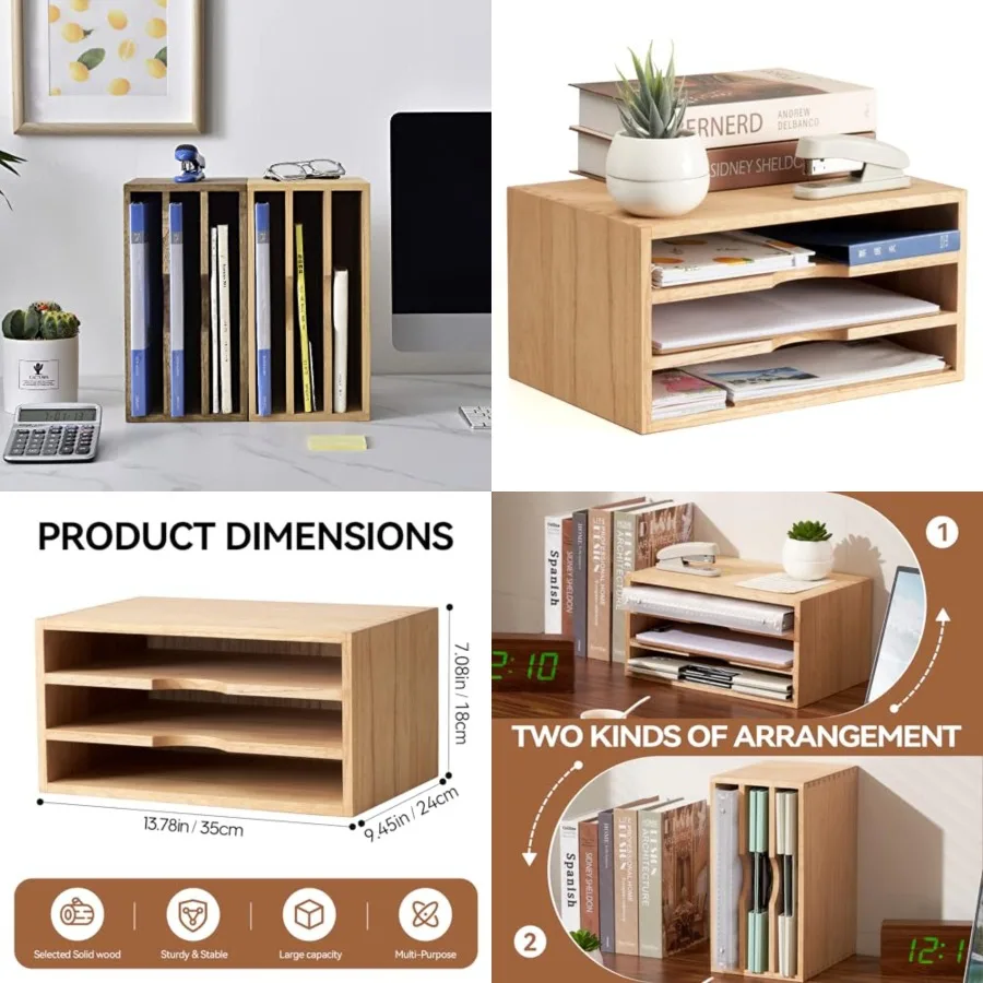 

Wooden Desktop Organizer, 3 Tier Solid Wood Letter Tray and Paper File Sorter for Desk, Freestanding Office Document Holder for
