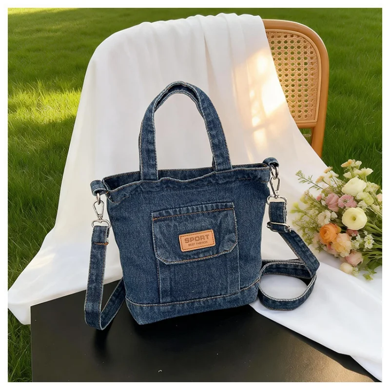 Women Washed Denim Tote Bag Casual Small Handbag Multi‑Pocket Shoulder Crossbody Daily Shopping Purse