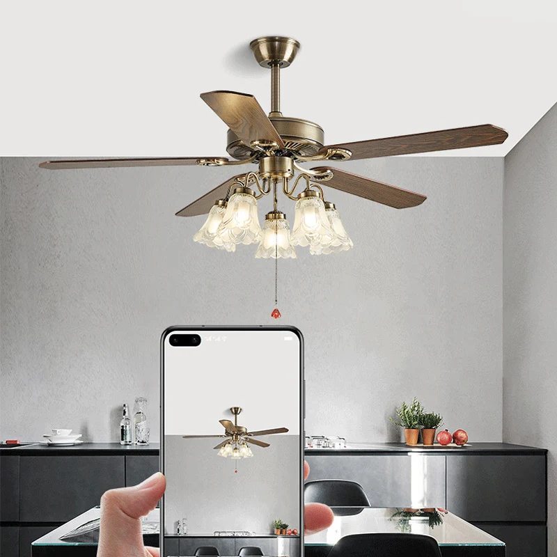 New Chinese retro Ceiling fan Lamp living room bedroom Variable frequency ceiling fan light dining room light integrated Fan