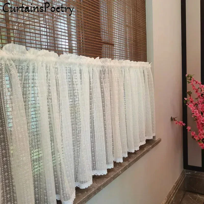 

Sheer Lace Curtains for Bedroom Voile Floral Stripe Embroidery Light Filtering Rod Pocket Short Curtains for Living Room Kitchen