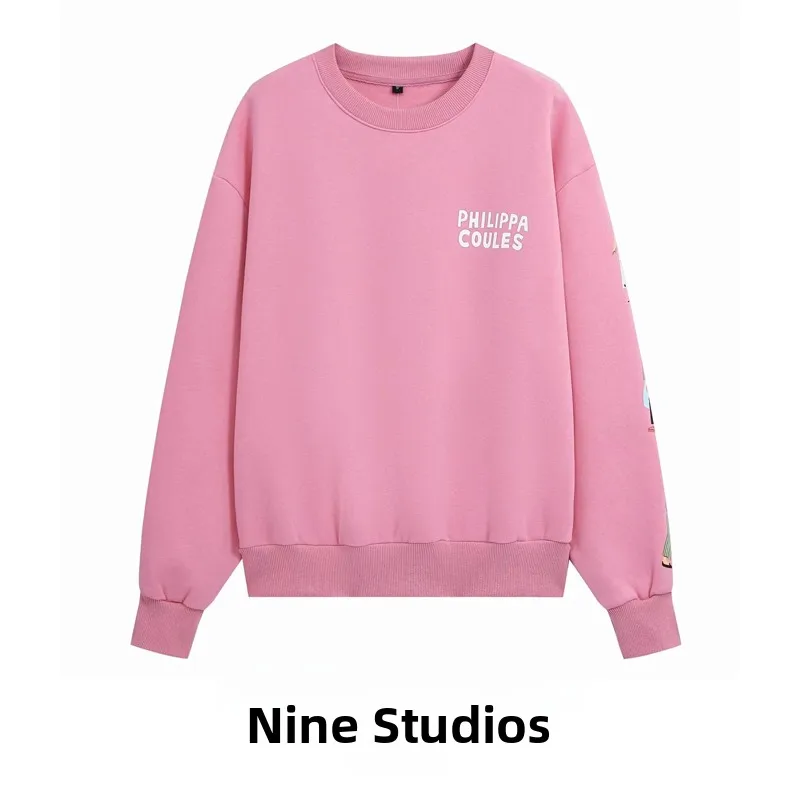 Washed Effect Print round Neck Oversized Long Sleeve Hoodie Top for Women Loose Fit Comfortable Unisex Style Letter Pattern
