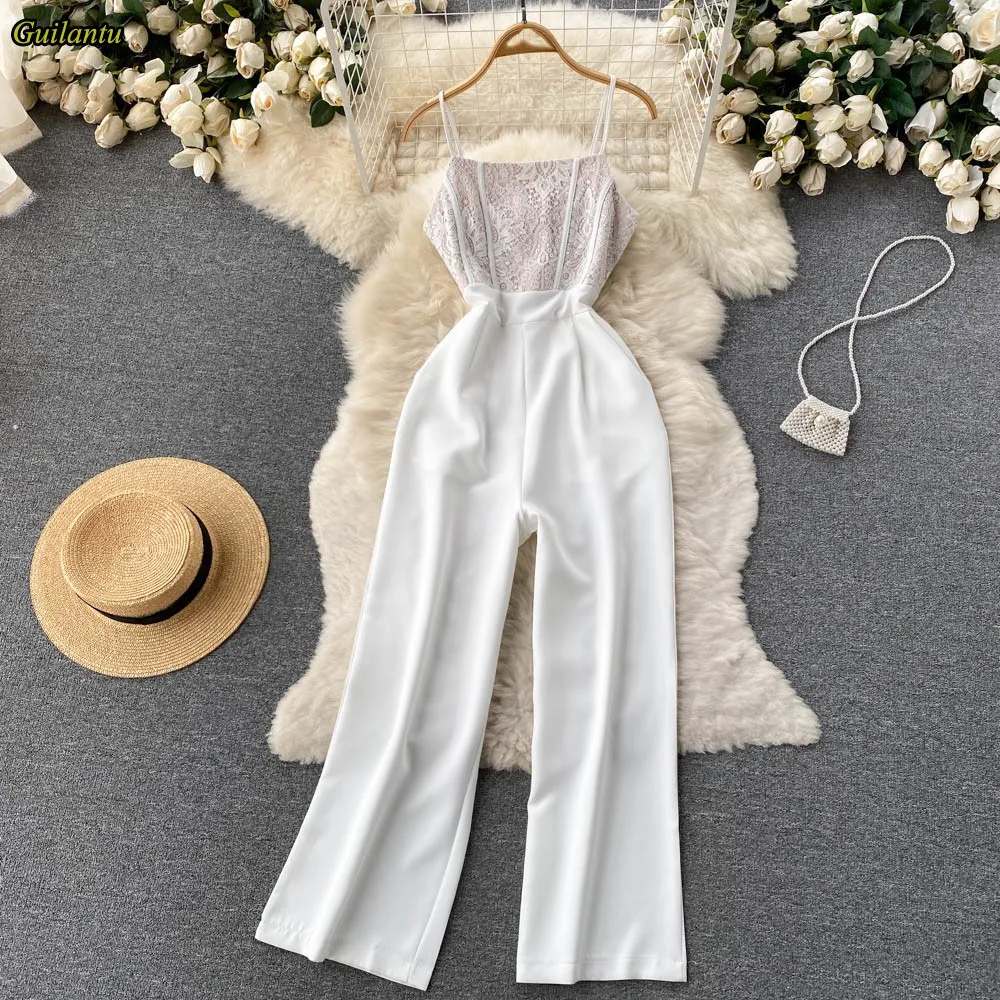 Women's Summer Lace Patchwork White Jumpsuit Fashion Spaghetti Strap Backless Skinny Overalls Female Sexy Club Wide Leg Jumpsuit