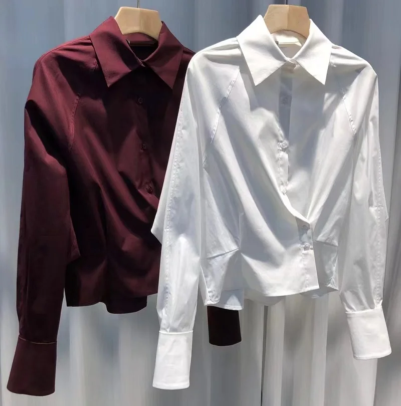 100%Cotton Shirts 2025 Spring Designer Fashion Lady Turn-down Collar Slim Fitted Long Sleeve White Wine Red Work Shirts Blouse