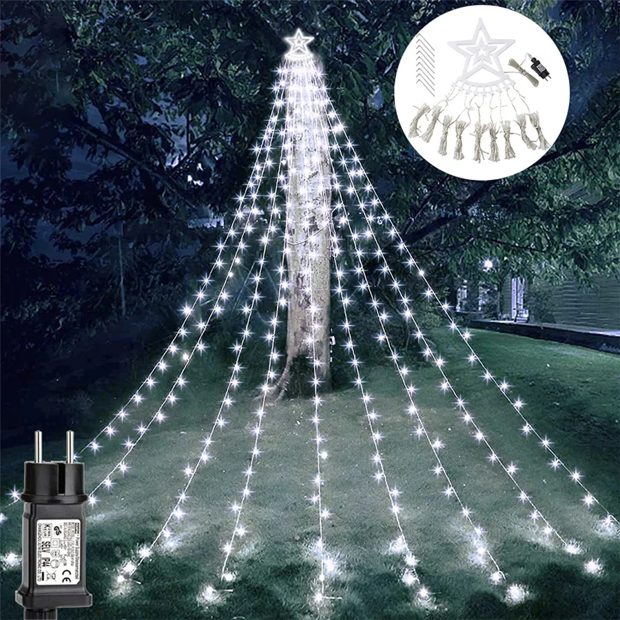 Guirnalda de luces colgantes de hadas navideñas para exteriores, 8 modos, estrellas, cascada, jardín, fiesta, boda, decoración de patio