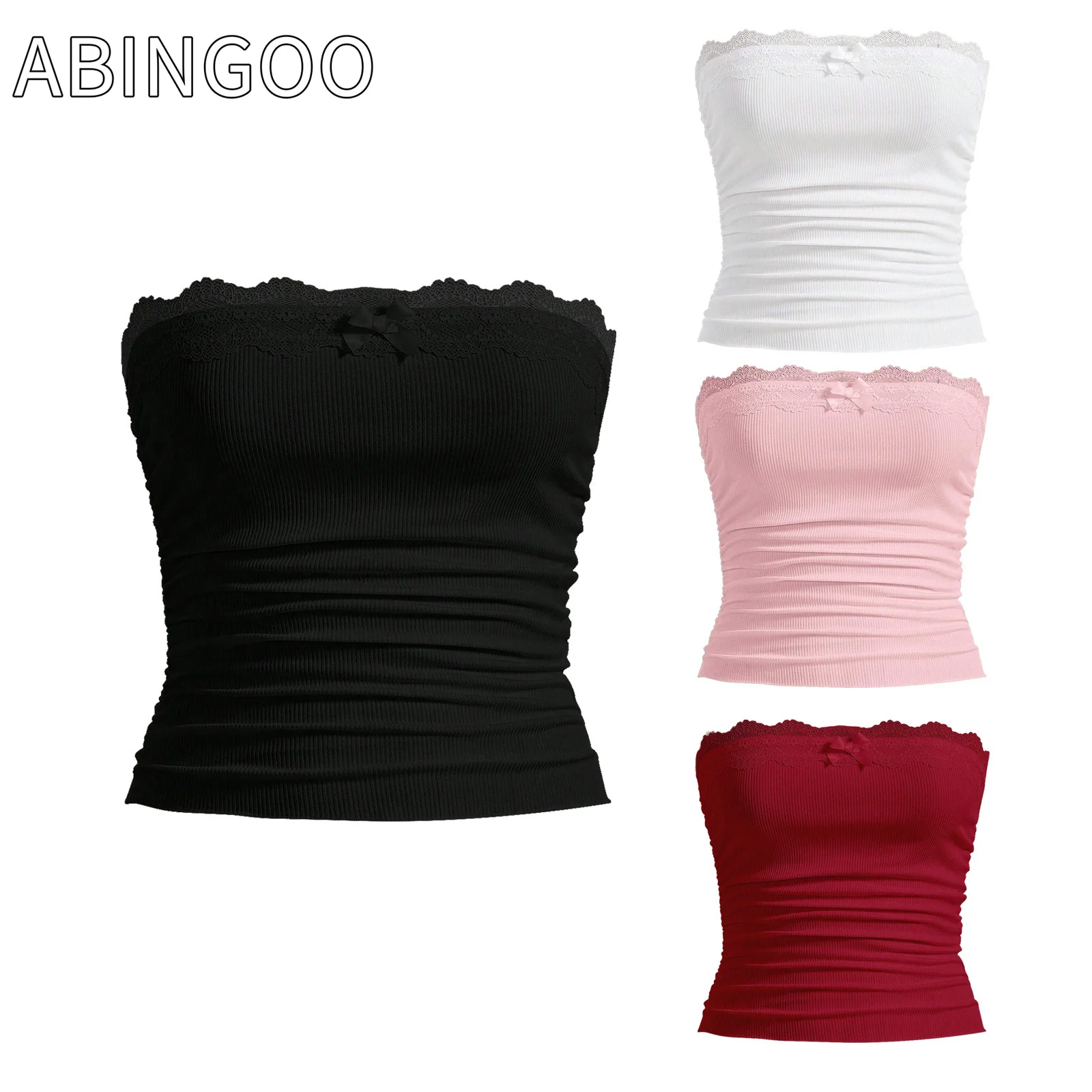 

ABINGOO Y2K Aesthetic Harajuku Women Top Summer Solid Strapless Crop Tops Emo Girls Lace Patchwork Cute Bow Mini Tube Tops