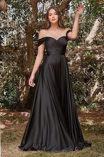 Women\'s Off The Shoulder Satin Bridesmaid Dresses for Wedding Long Pleated Formal Evening Party Gowns Elegant Slit Maxi Dress