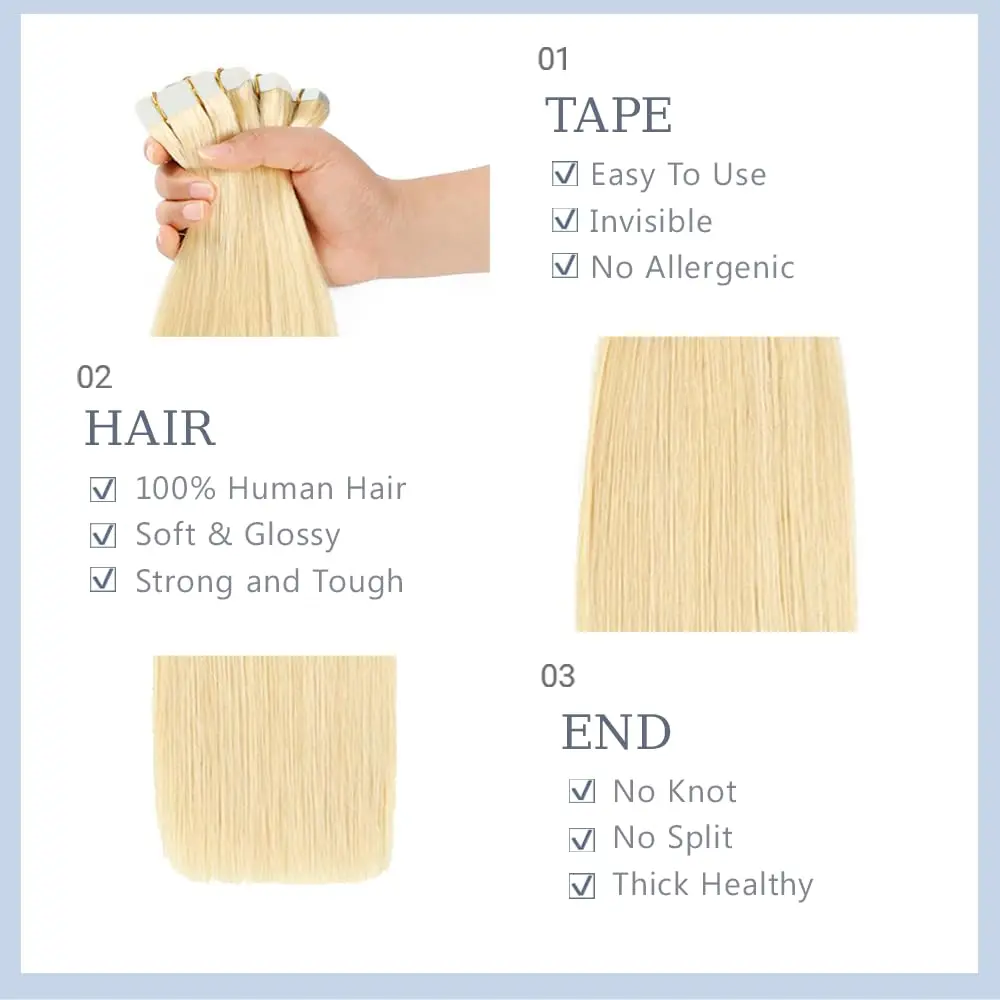 613 شريط مستقيم في وصلات الشعر شعر الإنسان غير مرئية وصلات شعر بشري أشقر 16 بوصة HuxoWax لحمة مزدوجة نسج الشعر #2