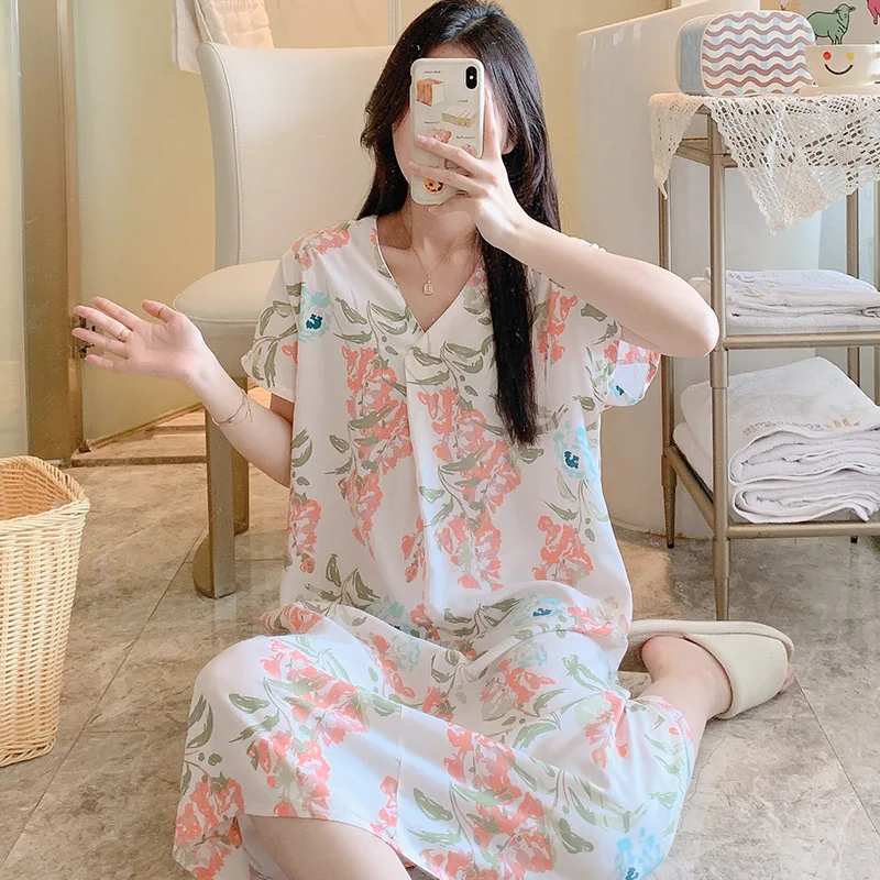 

Summer Short Sleeve Sleep Dress Women's Thin Artificial Cotton Nightgown Sweet Overhead Home Clothes Student Gown Polyester