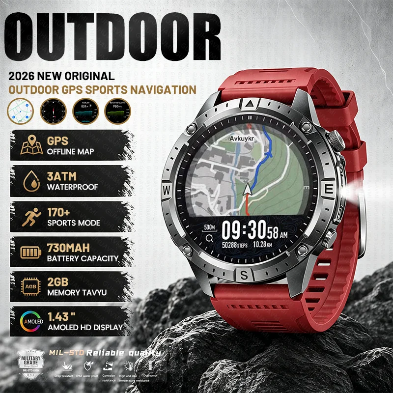 

New Outdoor GPS Navigation Smart Watch AMOLED Flashlight 730mAh 3ATM Waterproof Bluetooth Call men Sports Three Proof Smartwatch