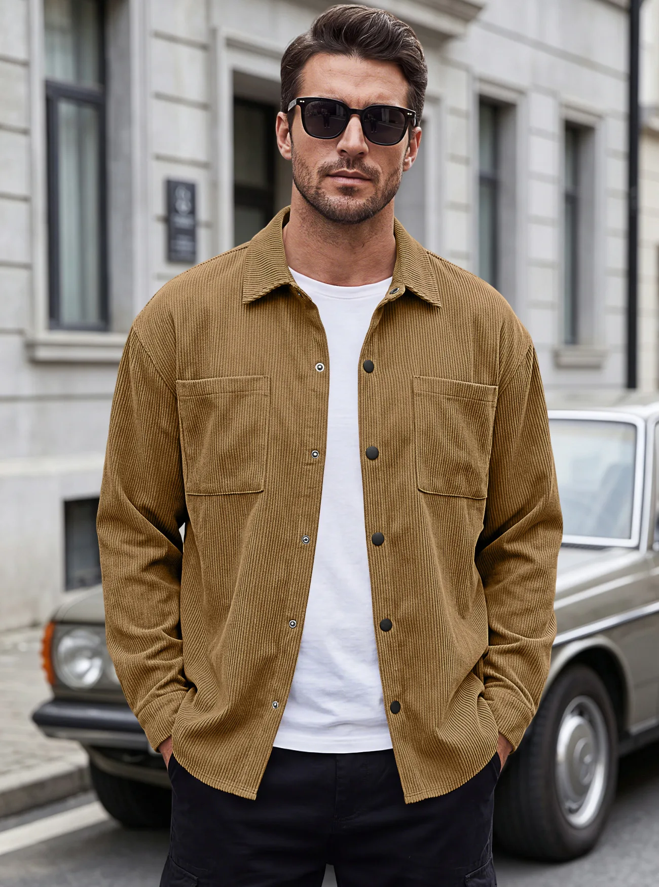 Men's Spring Autumn Corduroy Button-down Multi-pocket Long Sleeve Shirt Jacket
