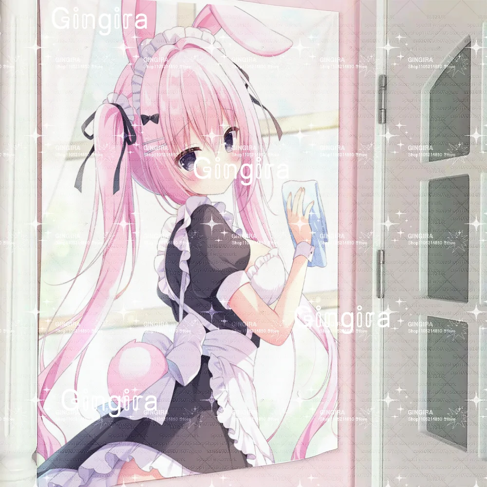 Kawaii Pink Hair Bunny Maid Girl Anime Tapestry Rabbit Ears Black Maid Dress Wall Hanging for Bedroom Decor