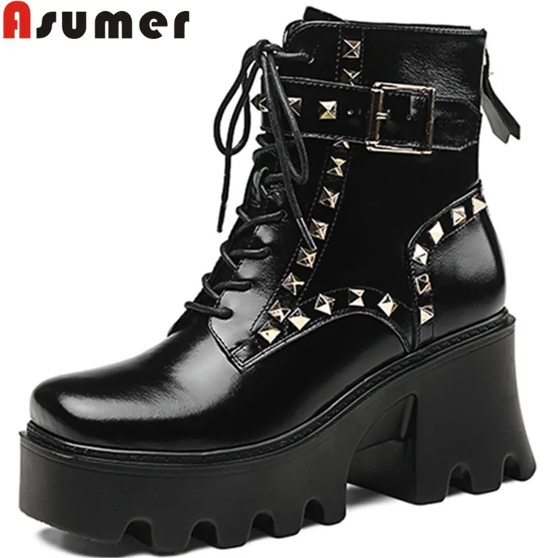 

ASUMER 2022 New Rivet Patent Leather Boots Women Thick High Heels Winter Ankle Boots Zipper Ladies Platform Shoes