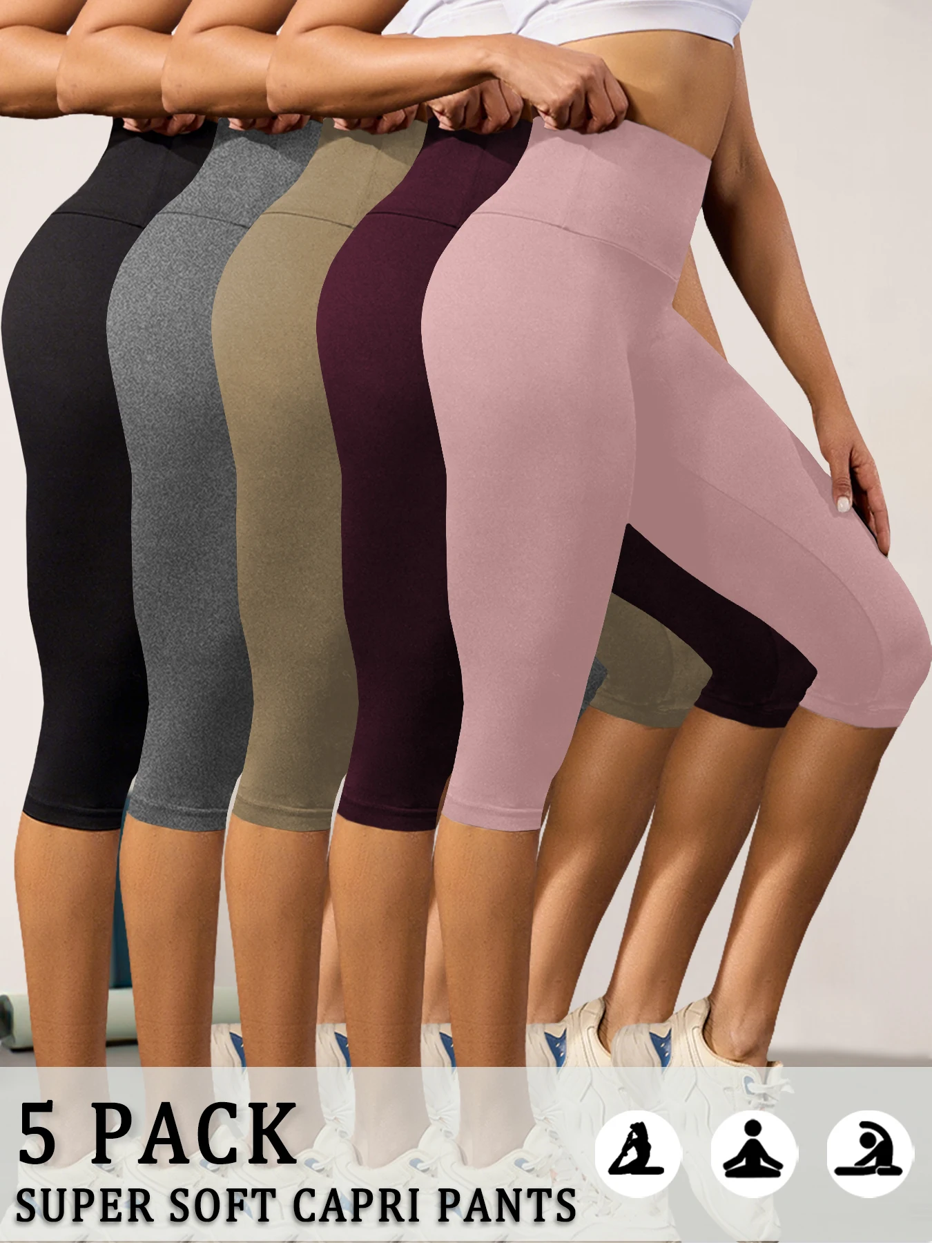 

Комплект из 5 женских брюк-капри с высокой талией, очень мягкие, непрозрачные, с эффектом утяжки живота, для йоги, бега, тренировок, дома и повседневной носки