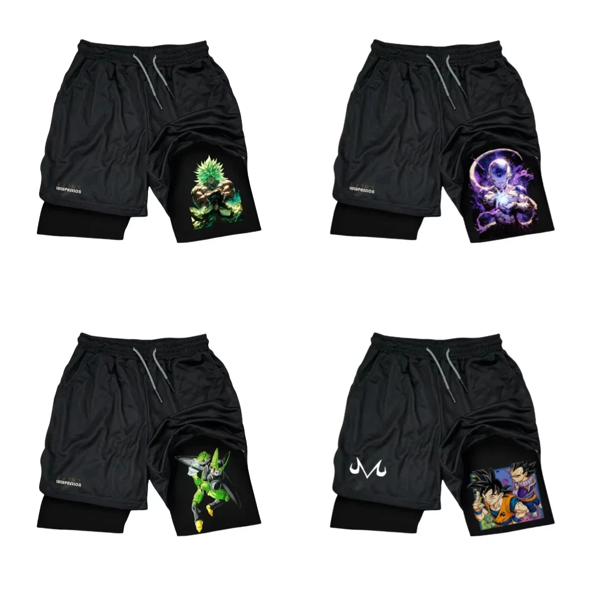

Dragon Ball Fashion New Hot Summer 2025 M Logo Black Shorts with Dual Warrior Character Print Casual Anime Street Fashion