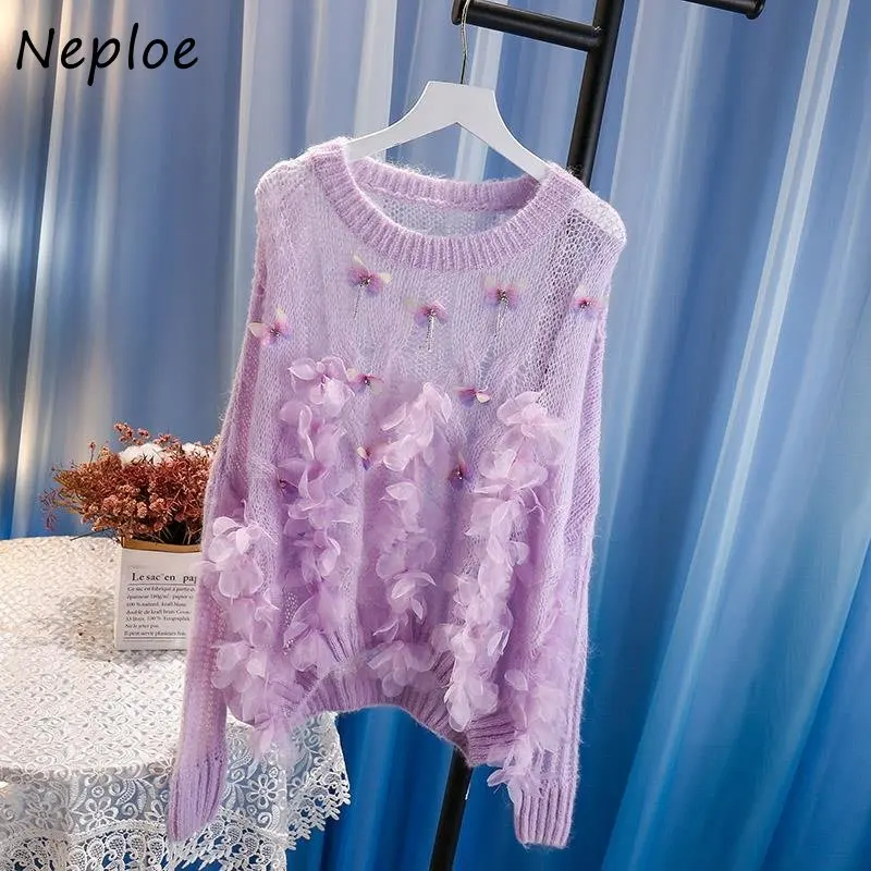 Neploe O Neck Solid Color Long Sleeve Pull Femme Autumn 2024 Vintage Knitted Pullover Jumpers Stereo Flower Beading Sweater Y2k