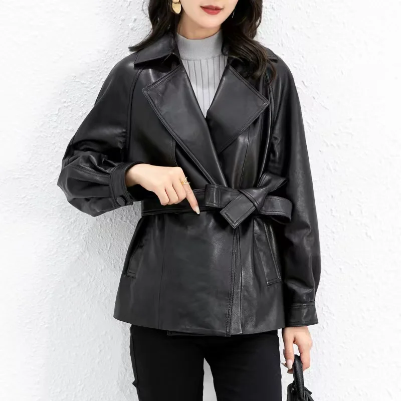 Sheepskin Coat 2023 Women Black/Brown Genuine Leather Jackets Spring Autumn Korean Fashion Lapel Sashes Slim Chamarra Piel Mujer