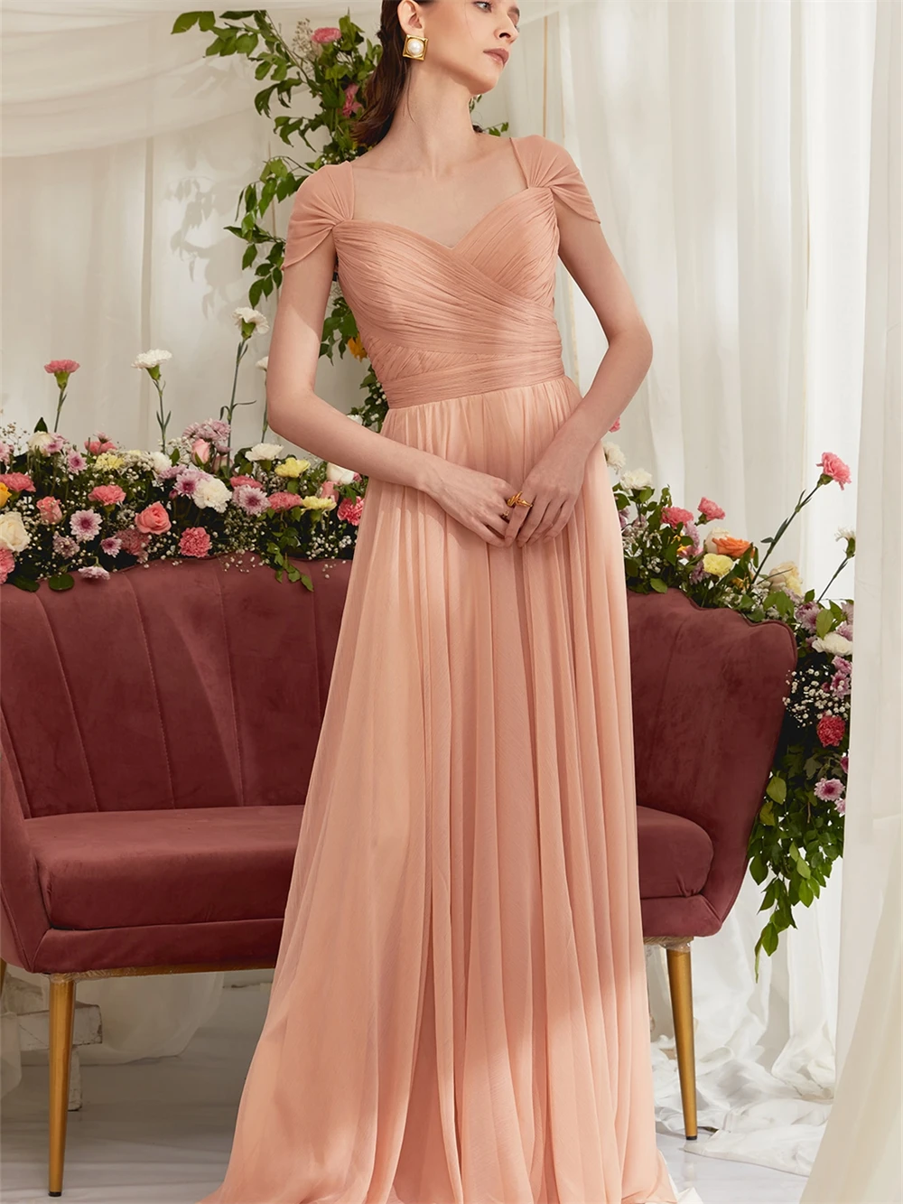 Elegante abito da sera in Chiffon 2024 abito classico a maniche corte affascinante senza spalline abiti lunghi fino al pavimento Vestidos De Novia