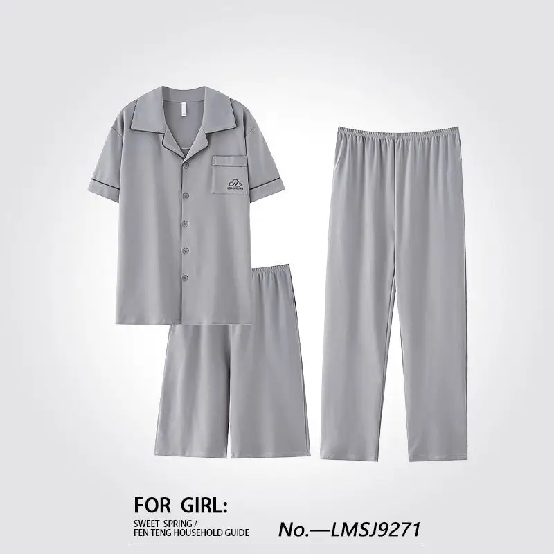 Men's Pure Cotton Sleepwear Short Sleeve Summer Home Clothes Three-Piece Set Can Be Worn outside Long Pants Comfortable Leisu...