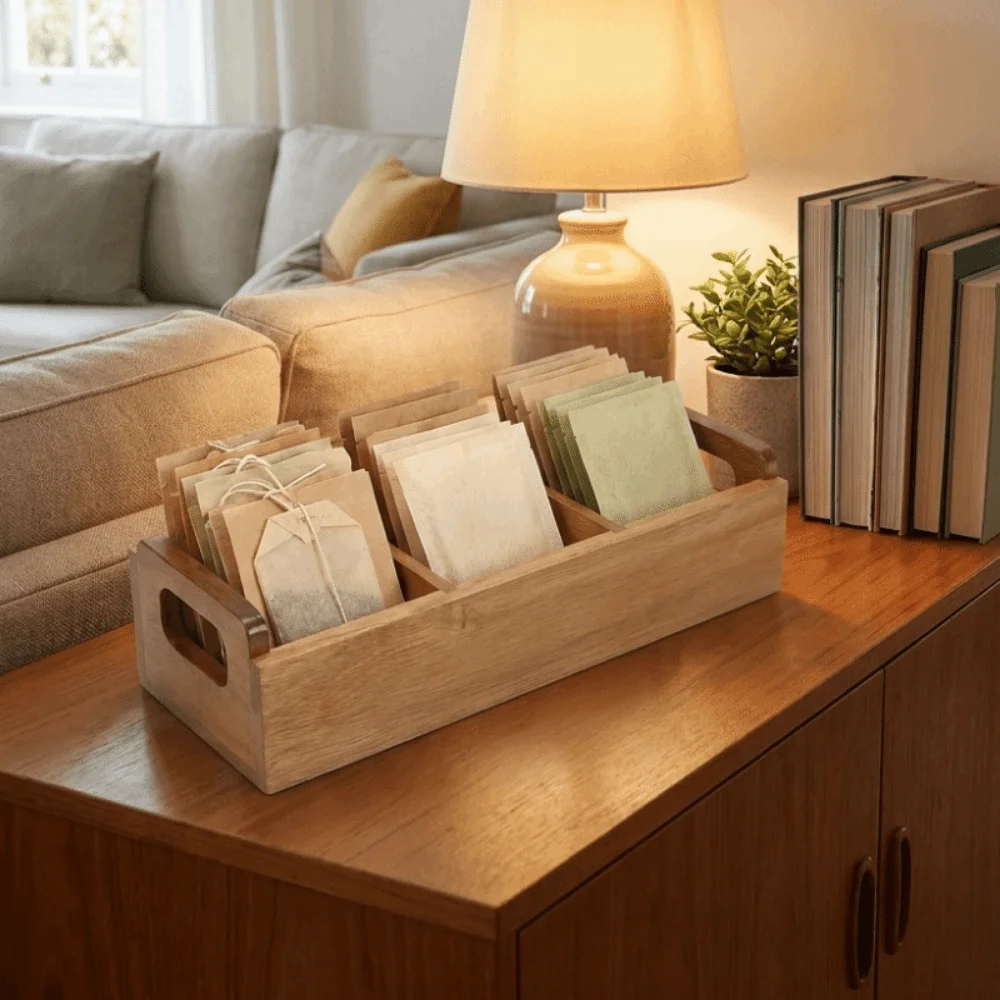

Wooden Tea Bag Storage Box 3 Slots Dual Side Handles Sugar Packet Storage Box Large Capacity Tea Bag Holder Tea Room
