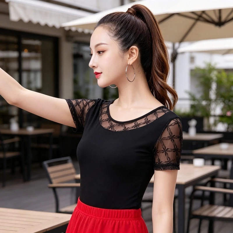 

Latin Dance Tops Women 2025 Spring Summer New Mesh Round Neck Samba Practice Costumes Modern Dancewear Female Training Tops