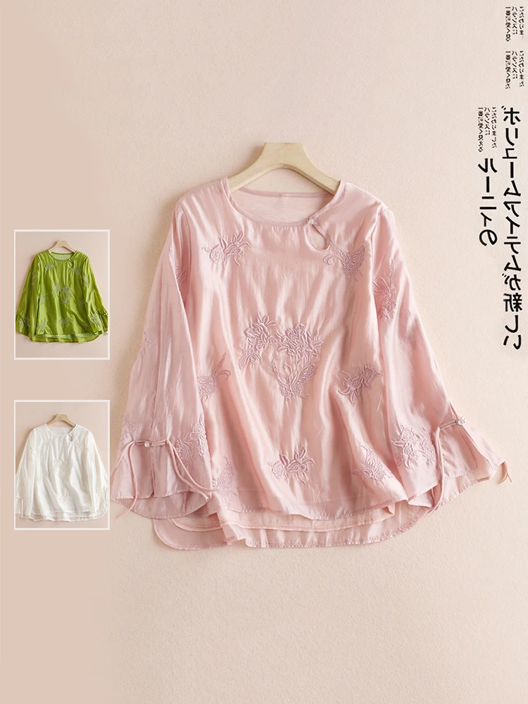 New Chinese Sle Double Layer Silk Embroidered T-irt Women's Vintage round Ne Belted Flared Sve Slimming Versatile Top