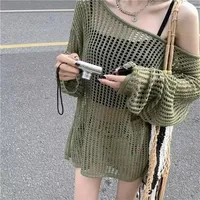 Lazy Style Summer Women's Knitted Sweaters Lady Hollow Out Mesh Thin Pullover See Through Look Long Sleeve Loose Tops Smock 5