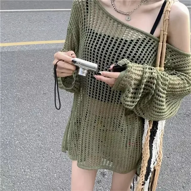 Lazy Style Summer Women's Knitted Sweaters Lady Hollow Out Mesh Thin Pullover See Through Look Long Sleeve Loose Tops Smock 5 Lazy Style Summer Women's Knitted Sweaters Lady Hollow Out Mesh Thin Pullover See Through – view 5