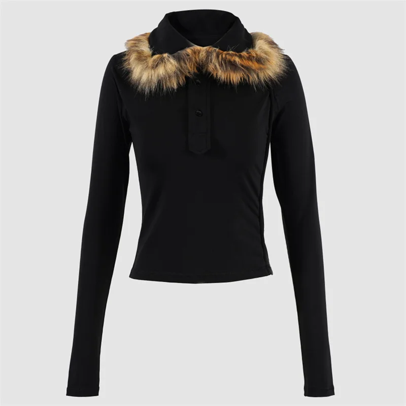 

Женская футболка, новый эластичный облегающий пуловер на осень 2024, декоративный воротник из искусственного меха, женский топ с длинными рукавами, женский топ
