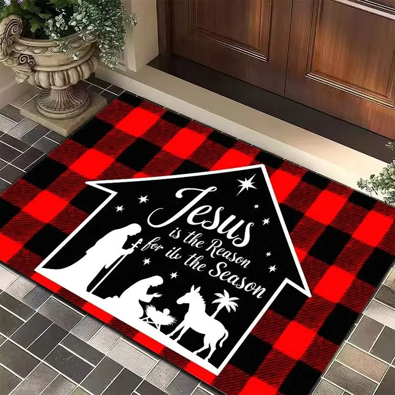 VIKAMA Christmas Doormat, Buffalo Check Pattern with Festive Slogan, Non-Slip Entryway Rug, Bedroom Decorative Rug, Home Decor