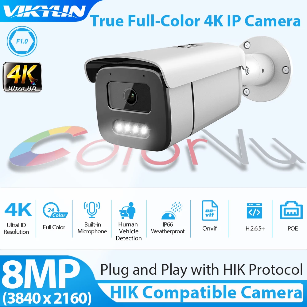 Vikylin 4K 8MP ColorVu Security Camera for Hikvision Compatible POE Kamera Human Vehicle Detection With MIC Home CCTV IP Camera 