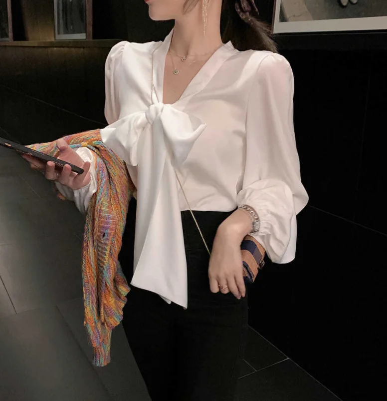 Women Bow Tie Neck Bishop Long Sleeve Shirts Casual Work Blouses Tops Office Business Shirt clothes