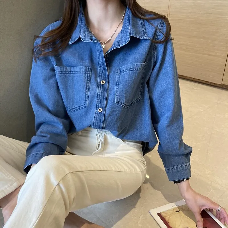 Retro Blue Shirt Denim Shirt for Women Autumn 2024 New Design Shirts Long Sleeved Solid Single Breasted Jeans Jacket for Women