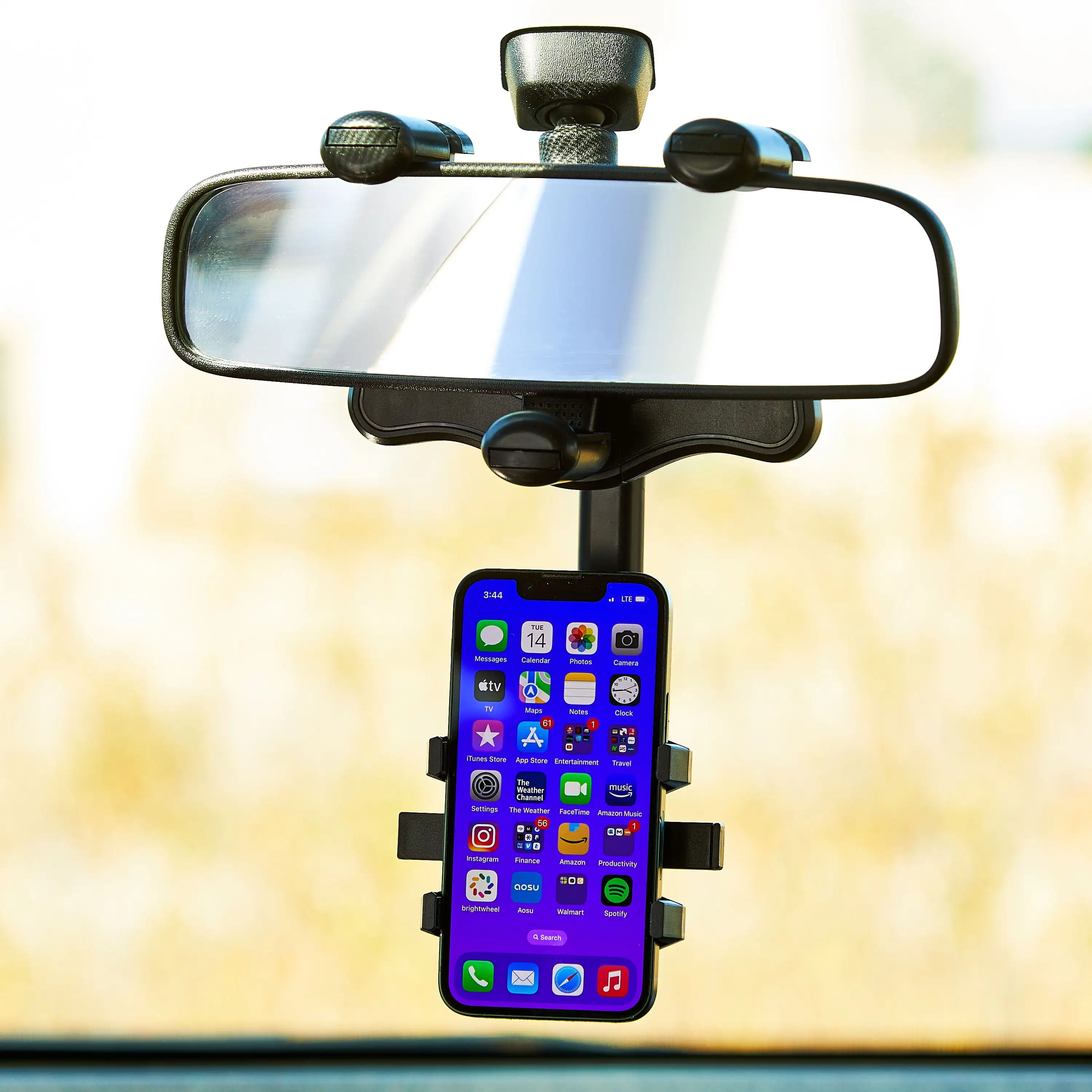 360 Degree Rearview Mirror Mobile Plastic Black Phone Mount, Universal Multifunctional Design