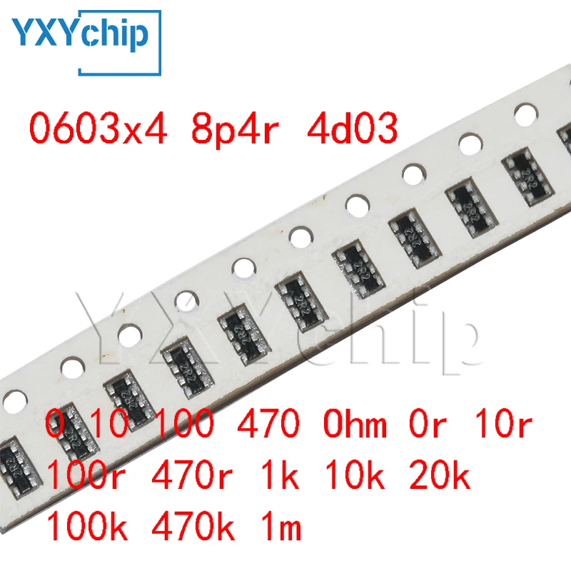 100 pezzi 0603x4 8p4r 4d03 5% 3216 1206 Reti di resistori a chip Array 0 10 100 470 Ohm 0r 10r 100r 470r 1k 10k 20k 100k 470k 1m