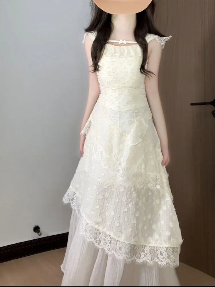 Fada renda estilingue magro vestidos de festa quente doce goth punk vestido longo vintage harajuku coreia y2k 2000s verão grunge sem costas sexy