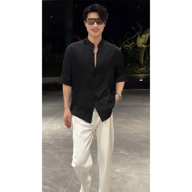 

Ice Silk Stand Collar ort Sve Men's irt Summer Lightweight Neapolitan Five-Seven Sve Stand Fit Youth Faion