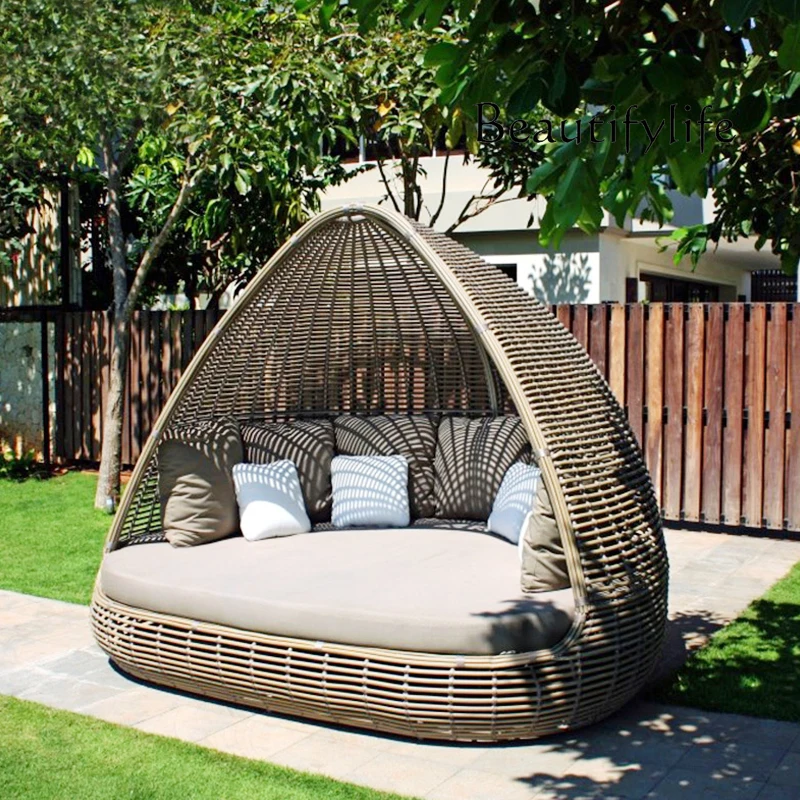 Outdoor bed swimming pool large round sofa beach woven rattan bed imitation rattan outdoor furniture