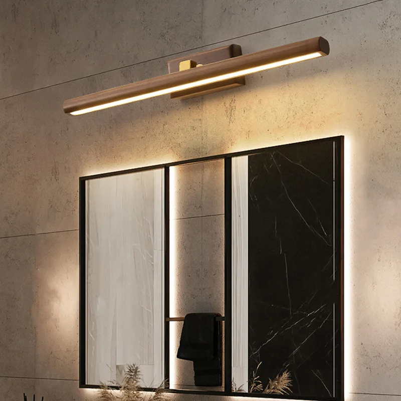 Lámpara de espejo de nogal negro, tira larga con personalidad de madera maciza, tocador de baño Simple, armario con espejo escandinavo, luz Led de