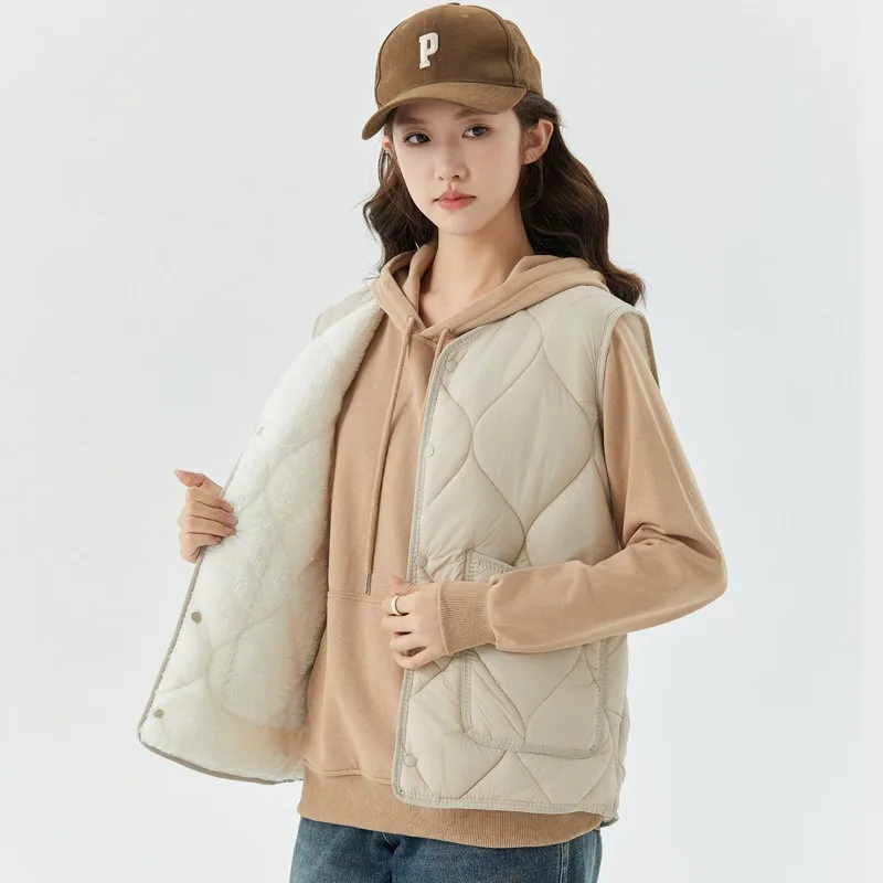 Women V Neck Fleece Lined Quilted Vest Loose Warm Sleeveless Padded Waistcoat