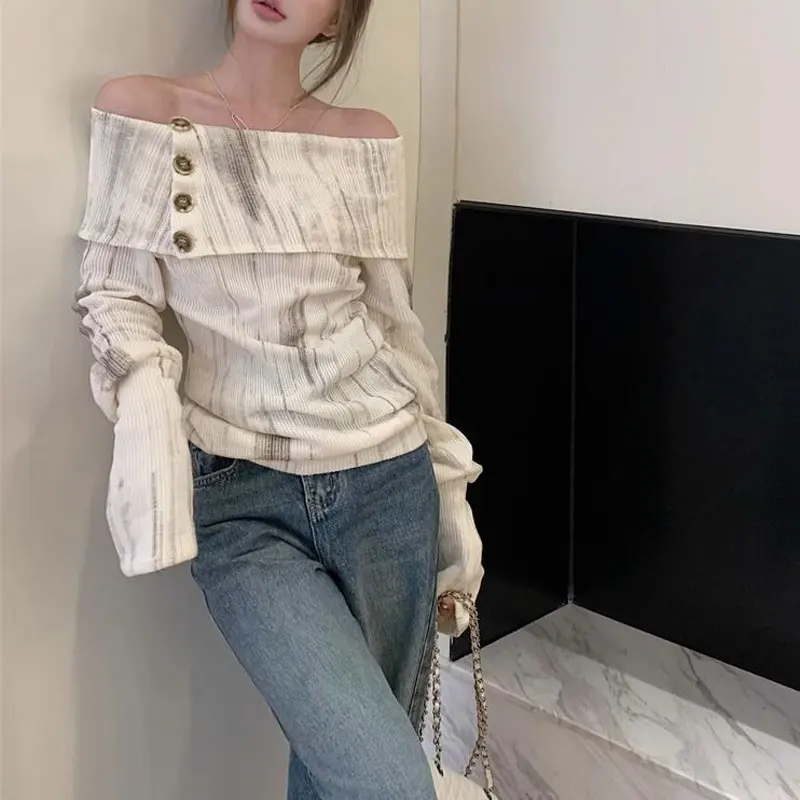 Elegant Slash Neck Spliced Knitted Shirt Female Clothing Halo Dyeing Chic Button Spring Autumn Vintage Sexy Long Sleeve Blouse