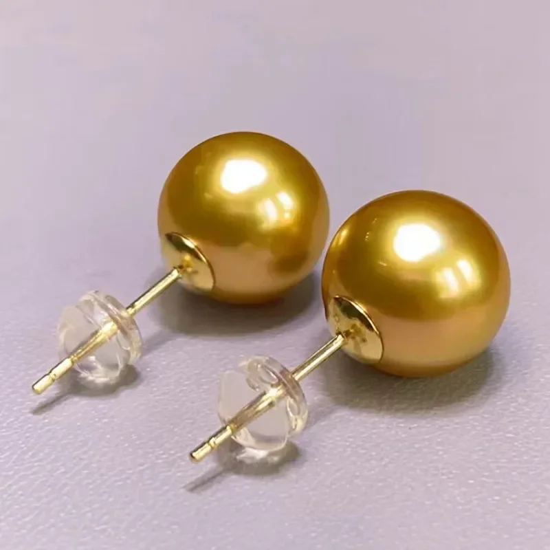 Pair of 13-14mm Gold Perfect Round Pearl Stud Earrings for Women Simple Wedding Party Jewelry Accessories Dangle AAA