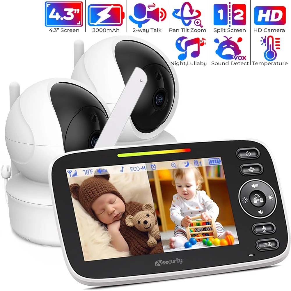 4.3 Inch Baby Monitor with 2 Cameras Split Screen PTZ Nanny Camera Baby Phone Intercom HD Night Vision Cry Detect Babysitter