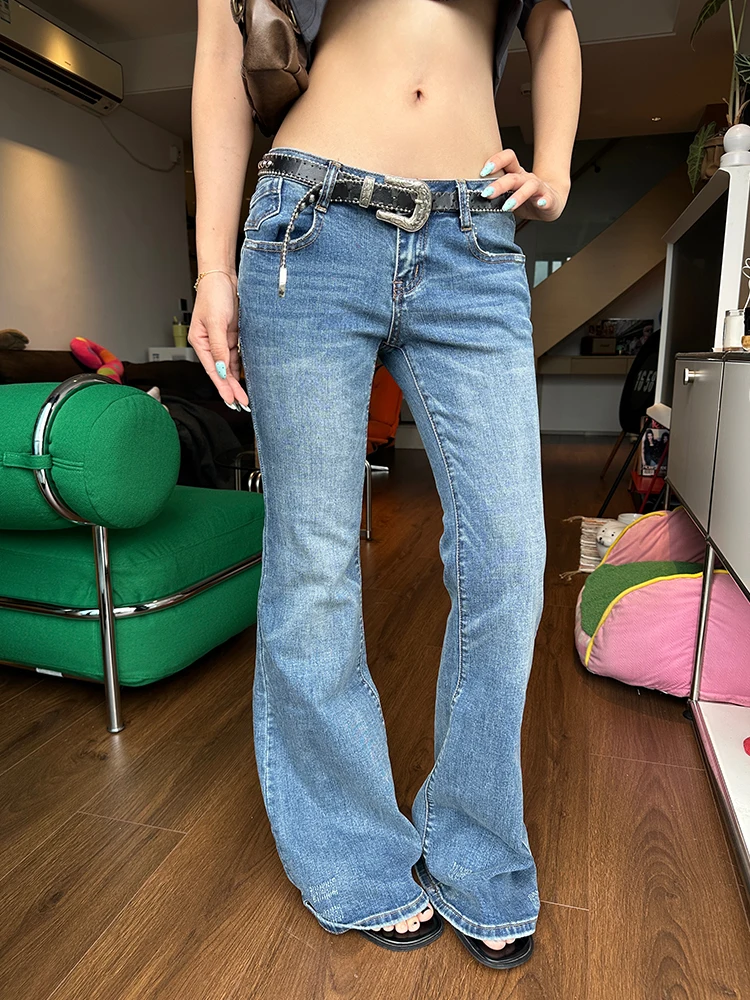EAHO Calça Jeans Feminina Americana Retrô Lavada, Corte Reto, Casual, Versátil, Cintura Média, Fechamento com Zíper