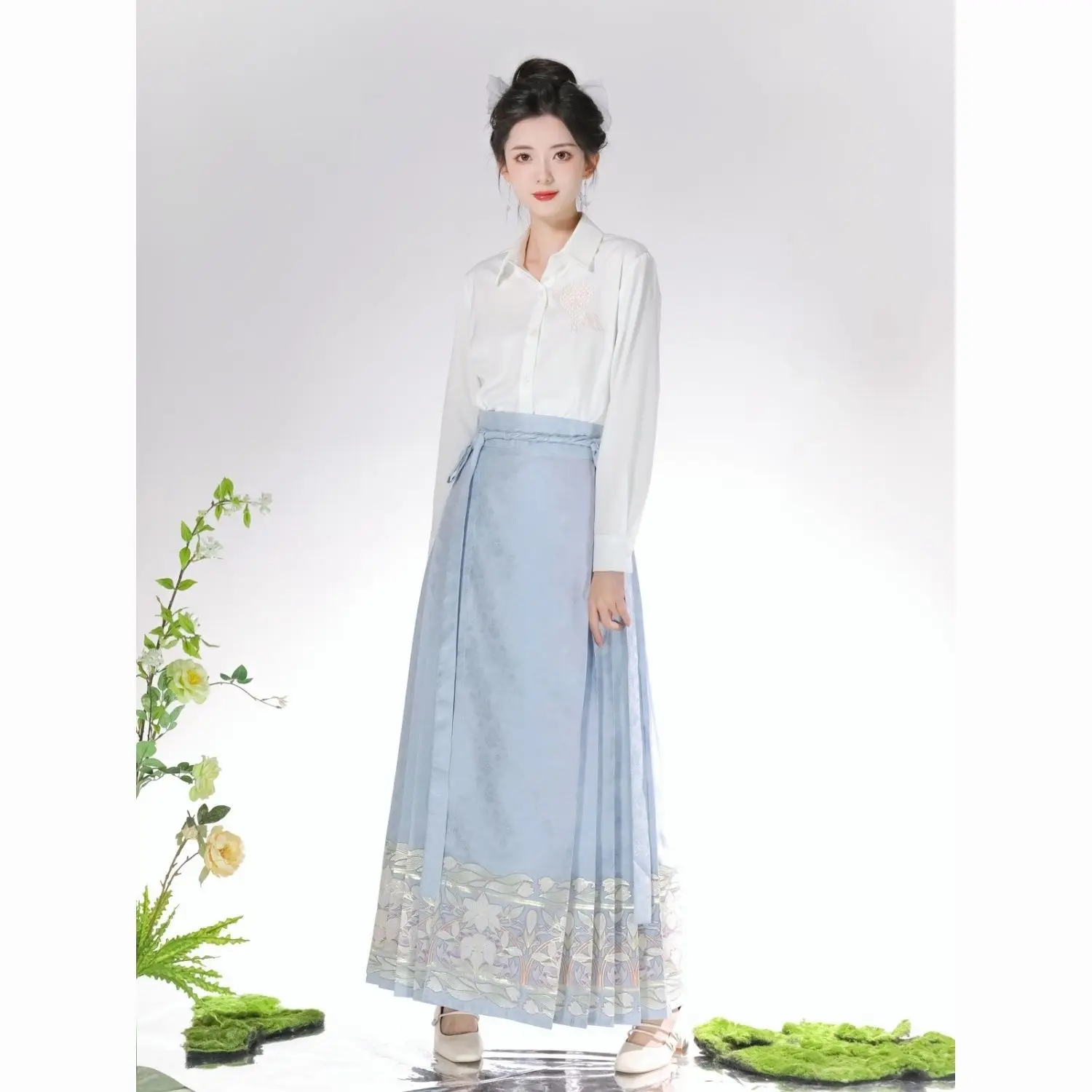 

Ming Hanfu Lily Chinese Style Mixed with Imitation Makeup Flower Horse Face Skirt and Ankle Summer Daily Commute Set for Women